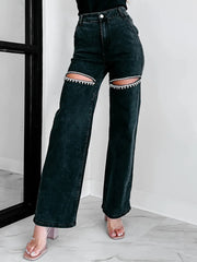 Ripped Wide Leg Wash Denim Jeans www.nizzadesign.com