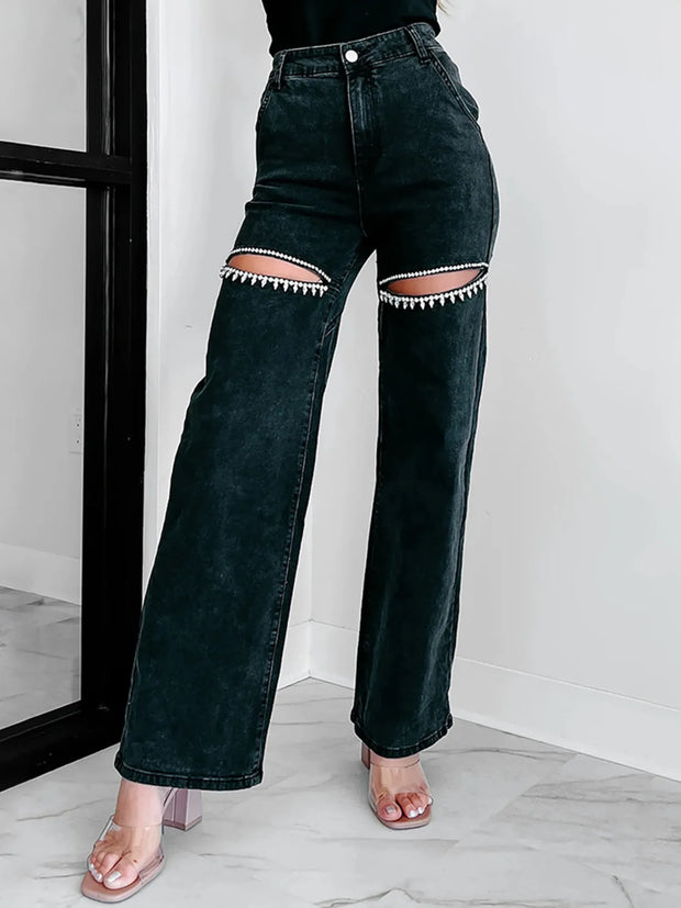 Ripped Wide Leg Wash Denim Jeans www.nizzadesign.com