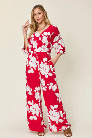 Double Take Full Size Printed Tie Back Wide Leg Jumpsuit Deep Rose www.nizzadesign.com