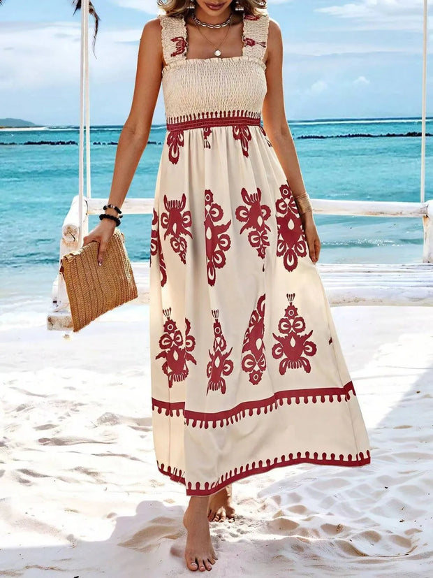 Smocked Printed Wide Strap Maxi Dress www.nizzadesign.com