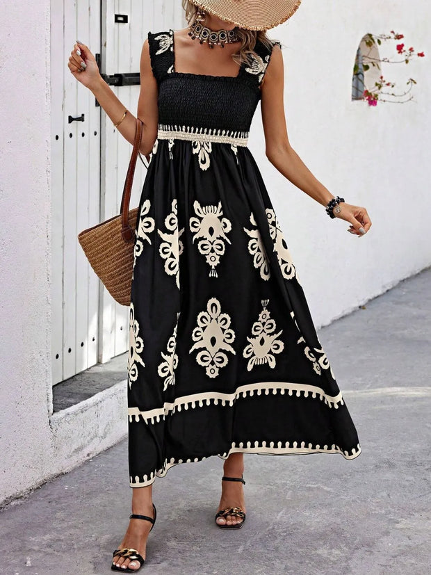 Smocked Printed Wide Strap Maxi Dress www.nizzadesign.com