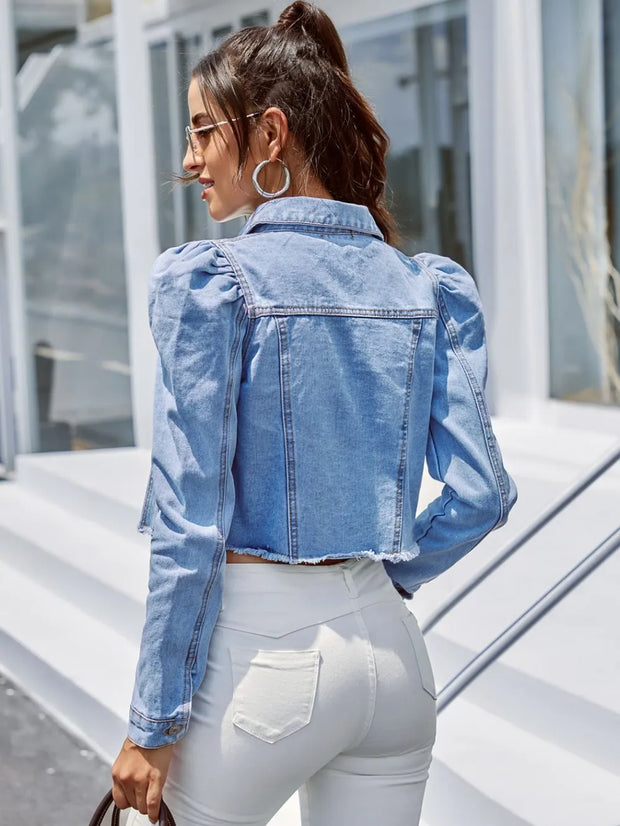 Button Down Raw Hem Cropped Denim Jacket www.nizzadesign.com