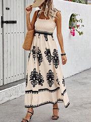 Smocked Printed Wide Strap Maxi Dress Tan www.nizzadesign.com