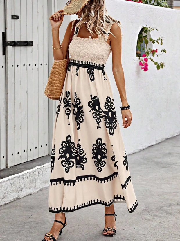 Smocked Printed Wide Strap Maxi Dress Tan www.nizzadesign.com