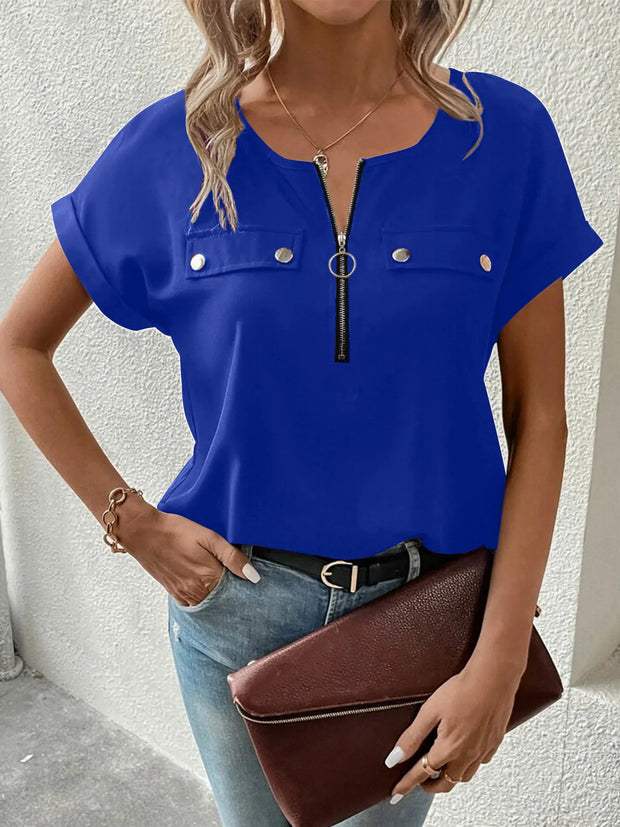 Casual Zipper Front Short Sleeve Blouse Blue www.nizzadesign.com
