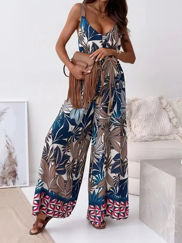 Printed V-Neck Wide Leg Jumpsuit French Blue www.nizzadesign.com