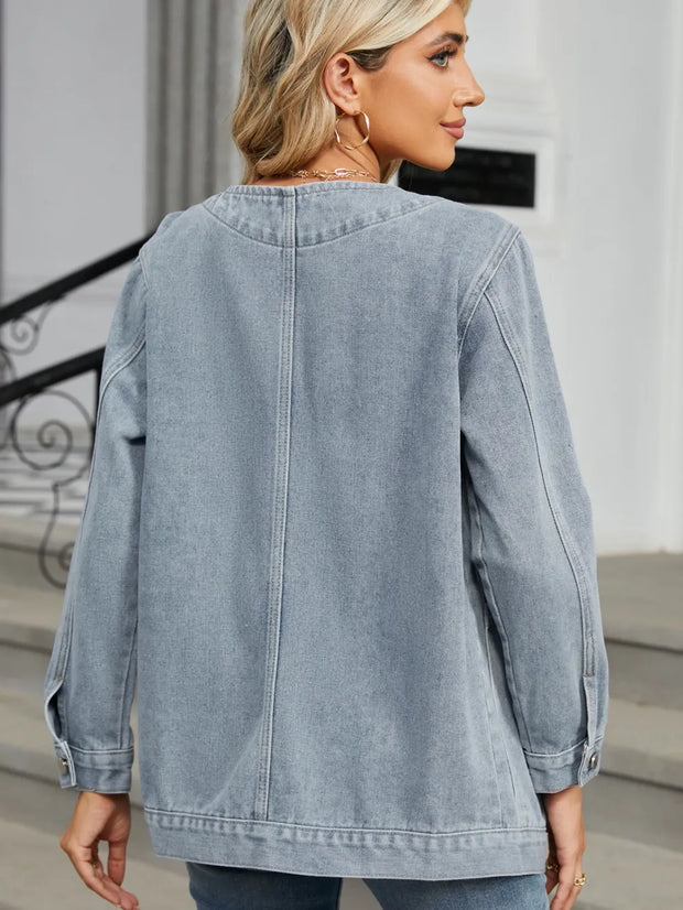 Pocketed V-Neck Button Up Denim Jacket www.nizzadesign.com