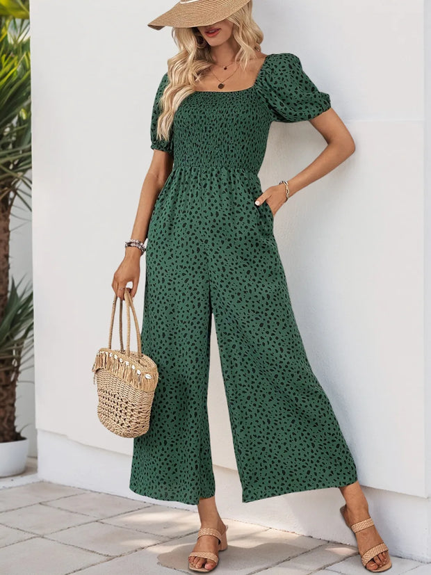 Printed Square Neck Puff Sleeve Jumpsuit Dark Green www.nizzadesign.com
