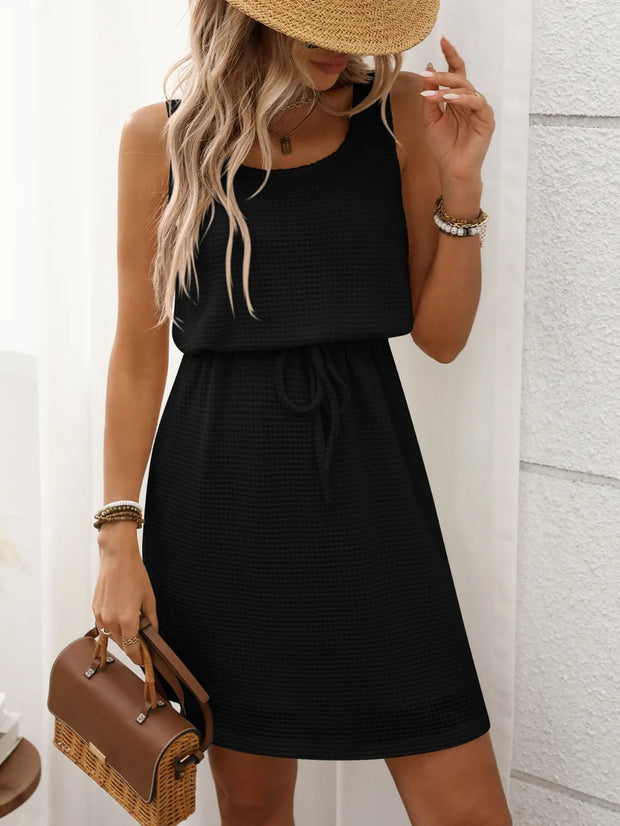 Waffle-Knit Drawstring Mini Tank Dress Black www.nizzadesign.com