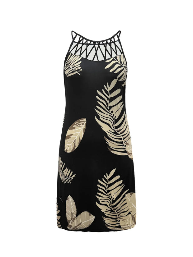 Tropical Leaf Print Halter Neck Mini Dress with Cutout Detail www.nizzadesign.com