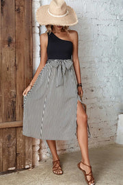 Perfee Striped One-Shoulder Slit Dress www.nizzadesign.com