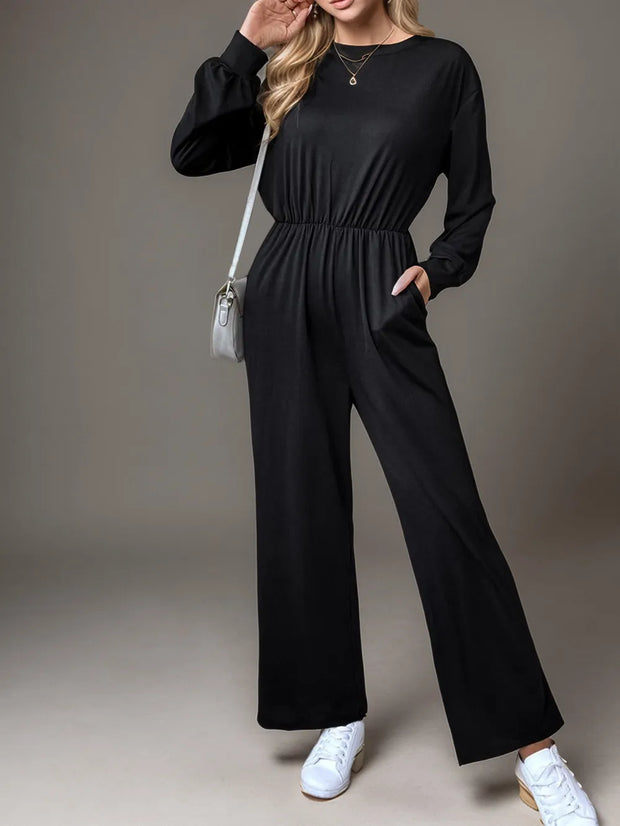 Tied Round Neck Wide Leg Jumpsuit www.nizzadesign.com