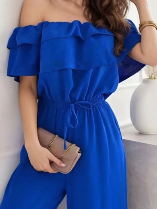Ruffled Off-Shoulder Wide Leg Jumpsuit www.nizzadesign.com