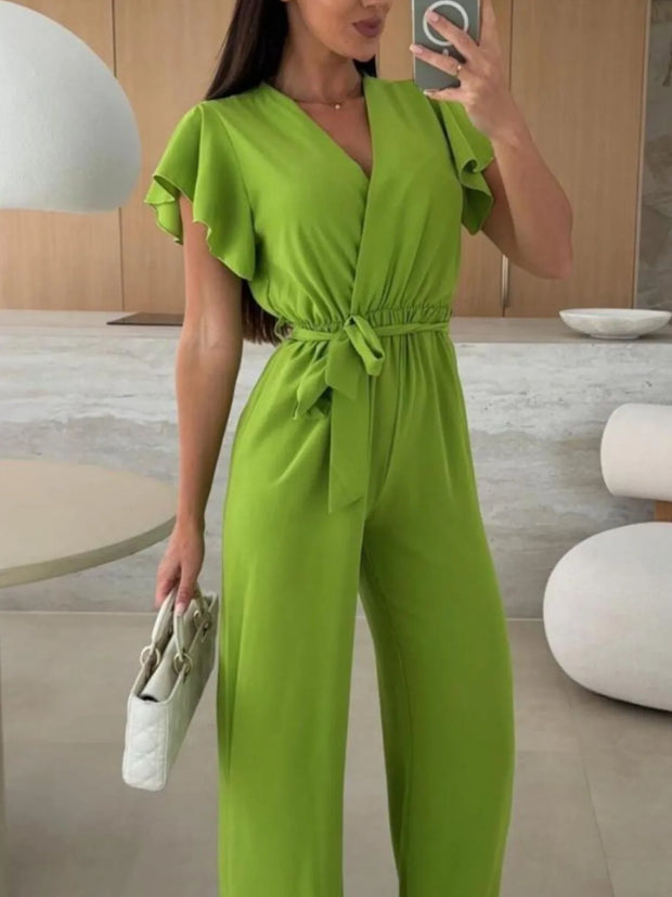 Tied Ruffled Wide Leg Jumpsuit Lime www.nizzadesign.com