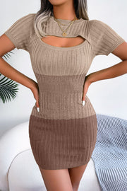 Color Block Cutout Short Sleeve Sweater Dress Khaki www.nizzadesign.com
