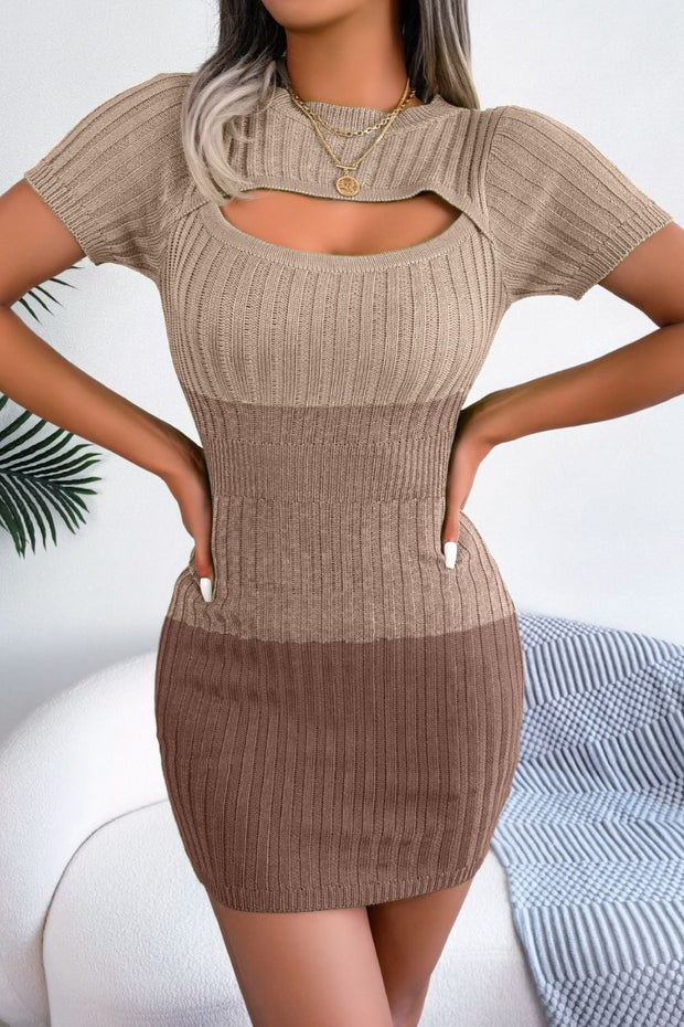 Color Block Cutout Short Sleeve Sweater Dress Khaki www.nizzadesign.com