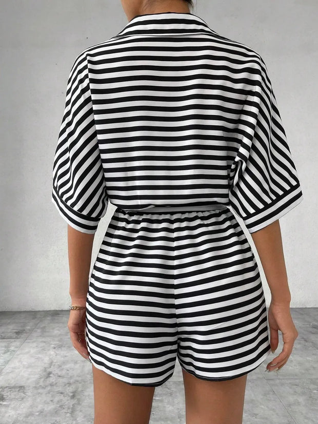 Tie Waist Half Button Striped Romper www.nizzadesign.com
