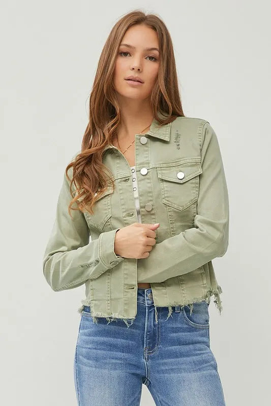 RISEN Full Size Raw Hem Button Up Cropped Denim Jacket Plus Size www.nizzadesign.com