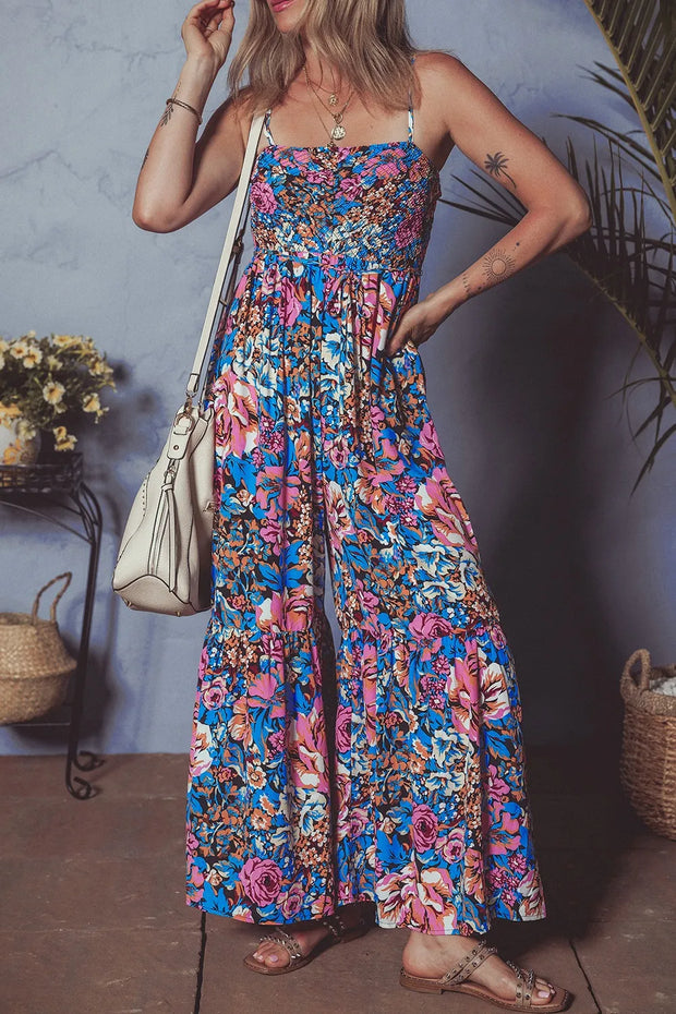 Floral Smocked Spaghetti Straps Wide Leg Jumpsuit Floral www.nizzadesign.com