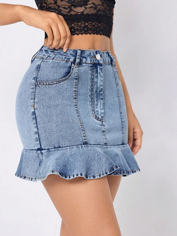 Ruffled Hem Denim Mini Skirt www.nizzadesign.com