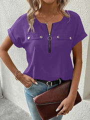 Casual Zipper Front Short Sleeve Blouse www.nizzadesign.com