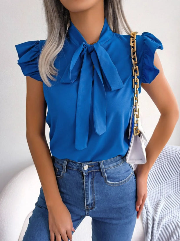 Ruffle Cap Sleeve Bow Tie Blouse www.nizzadesign.com