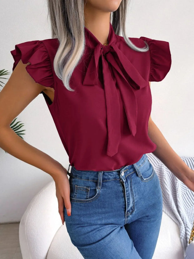 Ruffle Cap Sleeve Bow Tie Blouse Burgundy www.nizzadesign.com
