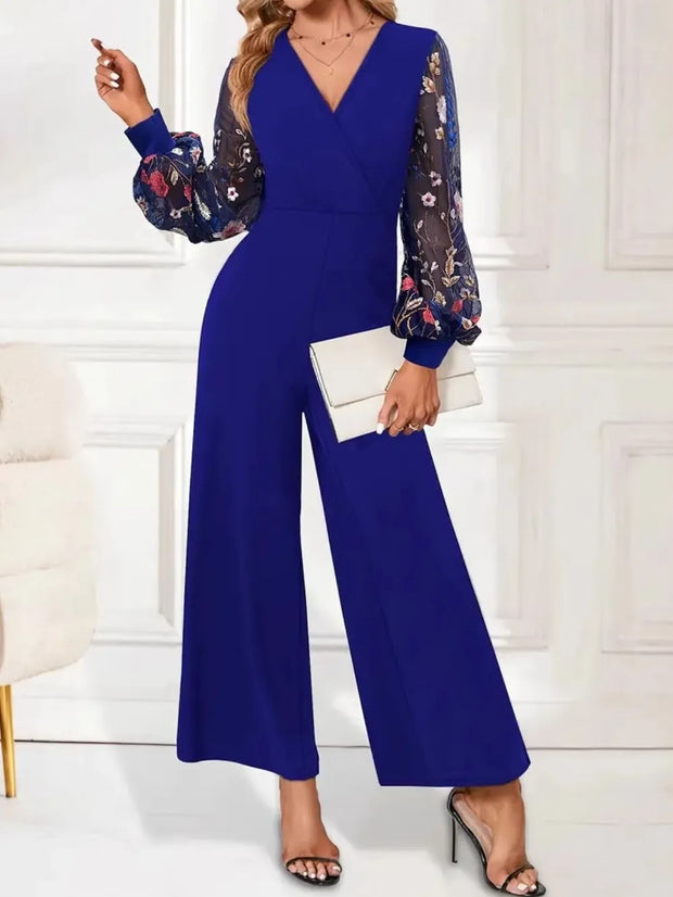 Surplice Embroidered Long Sleeve Wide Leg Jumpsuit Dark Blue www.nizzadesign.com