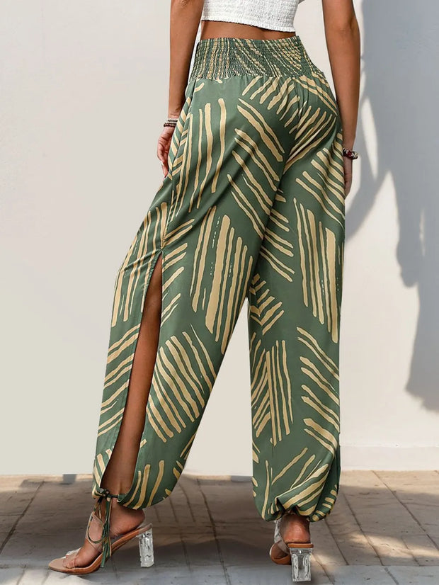 Perfee Smocked Slit Printed High Waist Pants www.nizzadesign.com