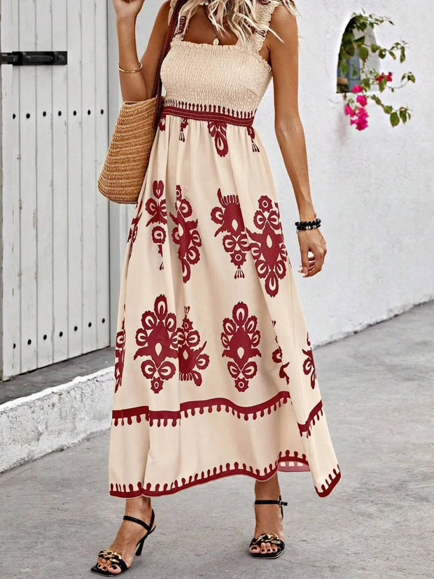 Smocked Printed Wide Strap Maxi Dress Rust www.nizzadesign.com