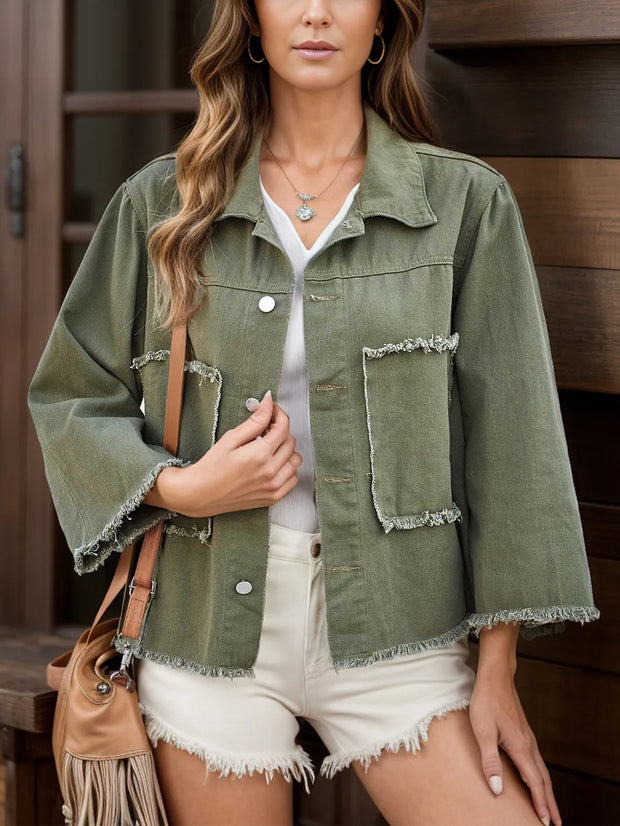 Raw Hem Button Up Denim Jacket Moss www.nizzadesign.com