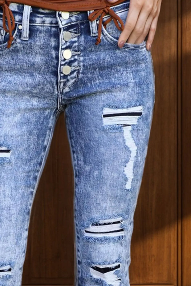 Distressed Button-Fly Bootcut Jeans with Pockets www.nizzadesign.com