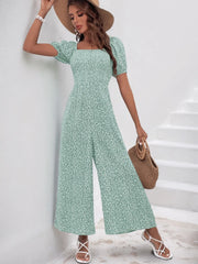 Printed Square Neck Puff Sleeve Jumpsuit Light Green www.nizzadesign.com
