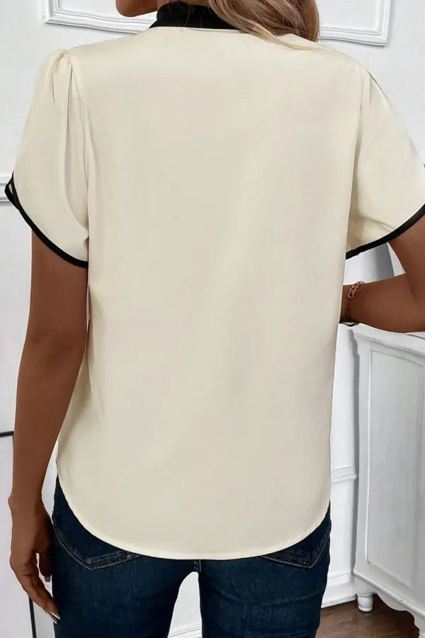 Bow Tie Contrast Short Sleeve Blouse www.nizzadesign.com
