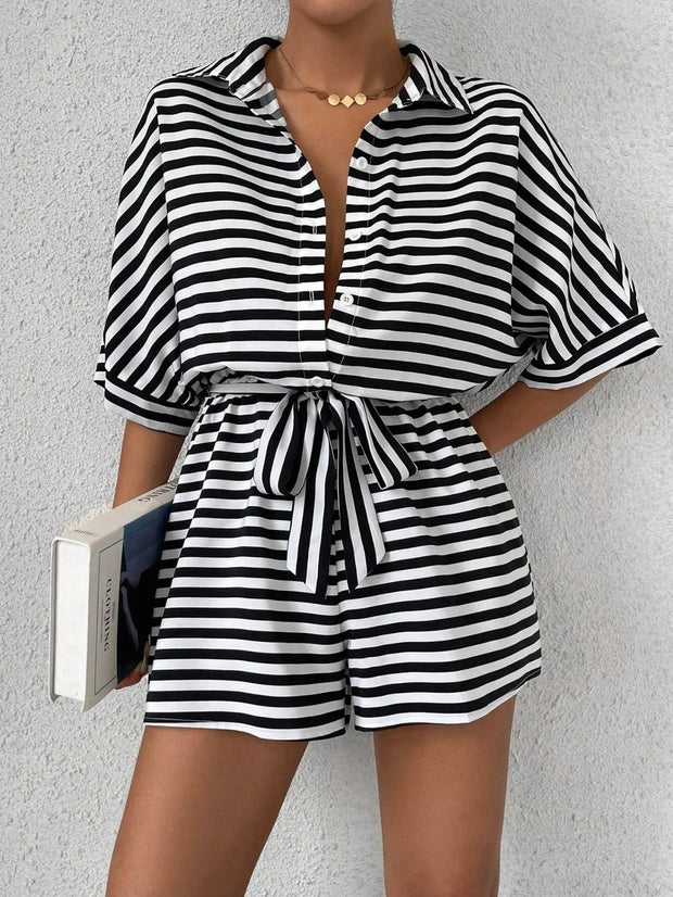 Tie Waist Half Button Striped Romper Black www.nizzadesign.com