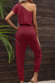 Drawstring Waist One-Shoulder Jumpsuit with Pockets www.nizzadesign.com