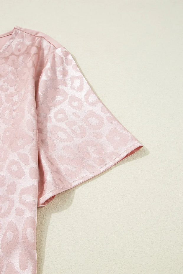 Leopard Jacquard Patchwork Crisscross V Neck Short Sleeve Blouse www.nizzadesign.com