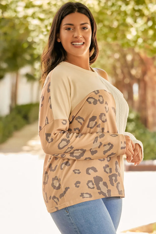 Plus Size Leopard Color Block Long Sleeve T-Shirt www.nizzadesign.com