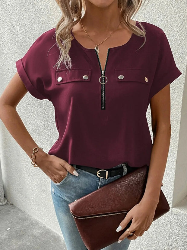 Casual Zipper Front Short Sleeve Blouse www.nizzadesign.com