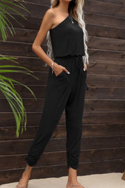 Drawstring Waist One-Shoulder Jumpsuit with Pockets www.nizzadesign.com