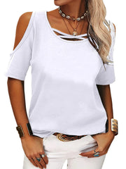 Full Size Crisscross Cold Shoulder Casual T-Shirt Plus Size White www.nizzadesign.com