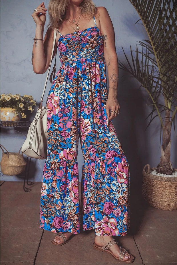 Floral Smocked Spaghetti Straps Wide Leg Jumpsuit www.nizzadesign.com