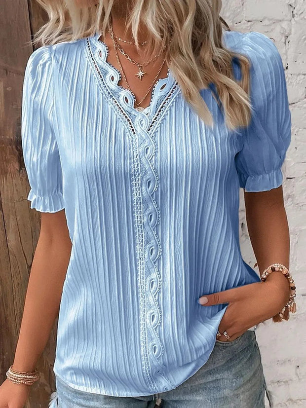 Full Size Lace Detail V-Neck Blouse Plus Size Sky Blue www.nizzadesign.com