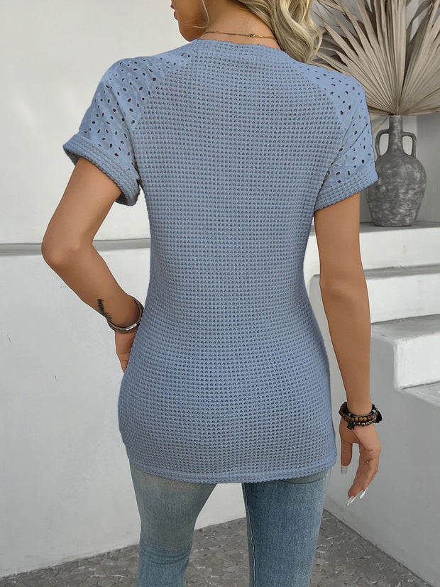 Hollow Out Waffle Knit Short Sleeve T-Shirt www.nizzadesign.com