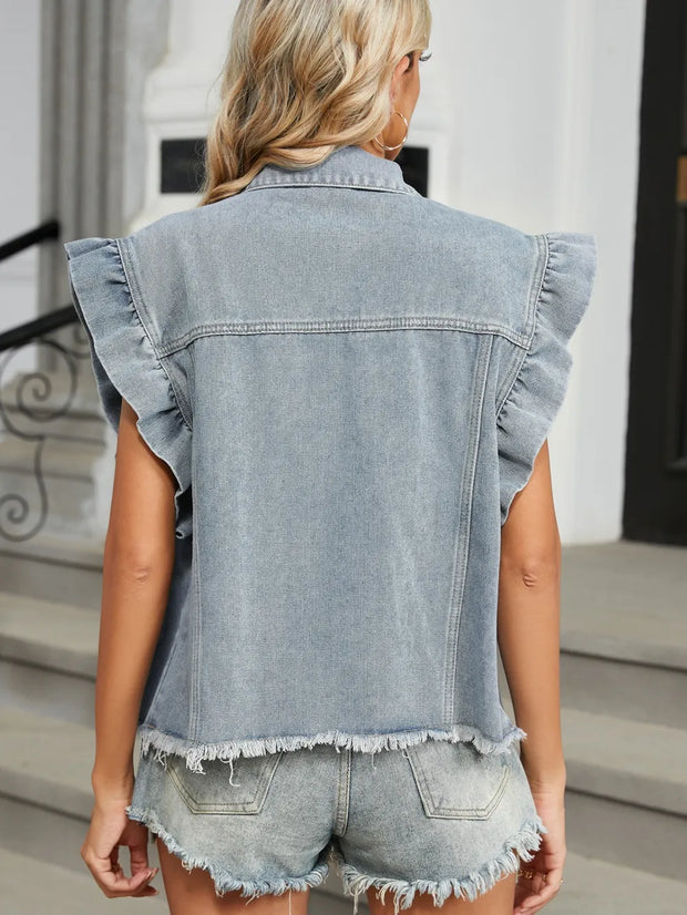Raw Hem Cap Sleeve Denim Jacket www.nizzadesign.com