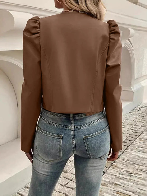 PU Leather Open Front Puff Sleeve Jacket www.nizzadesign.com
