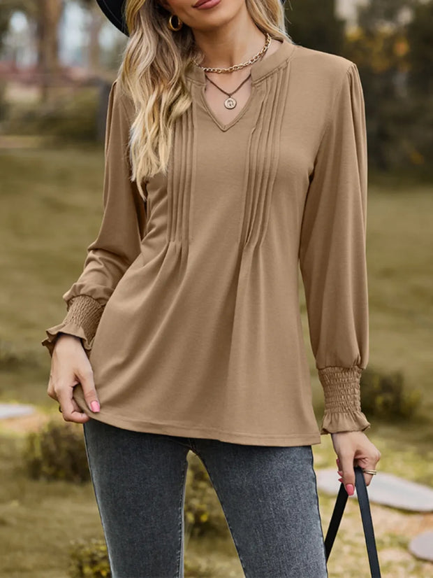 Ruched Notched Long Sleeve T-Shirt Camel www.nizzadesign.com