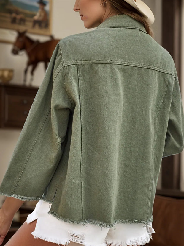 Raw Hem Button Up Denim Jacket www.nizzadesign.com