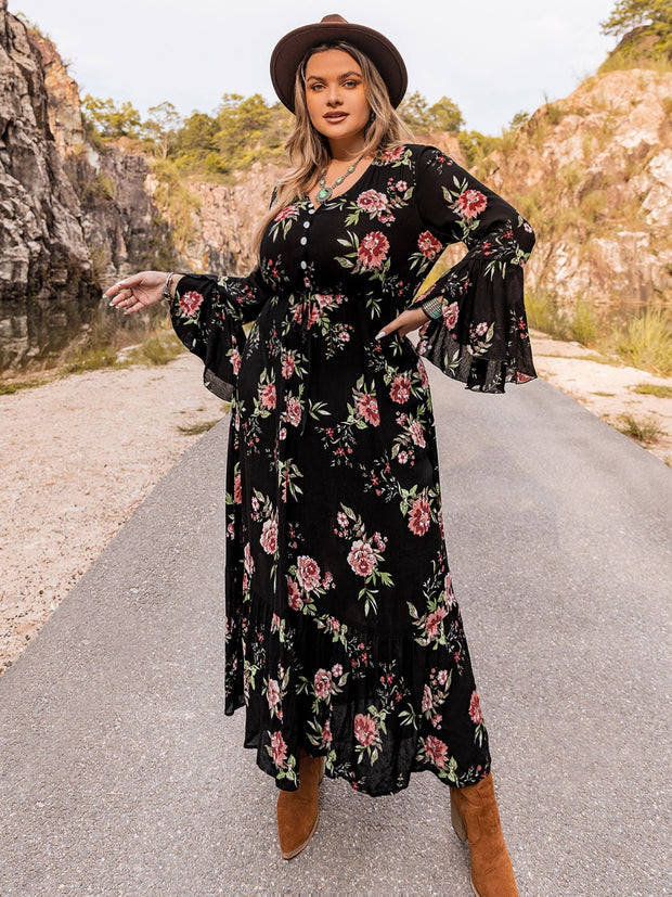 Plus Size Floral Flare Sleeve Dress Black www.nizzadesign.com