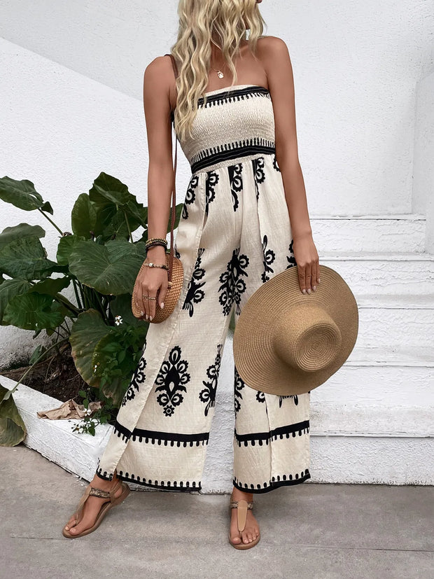 Smocked Printed Wide Leg Jumpsuit www.nizzadesign.com